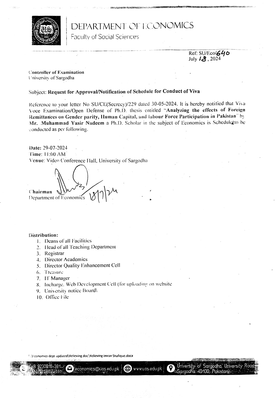 VIVA VOCE EXAMINATION/ OPEN DEFENSE OF PHD THESIS (ECONOMICS)